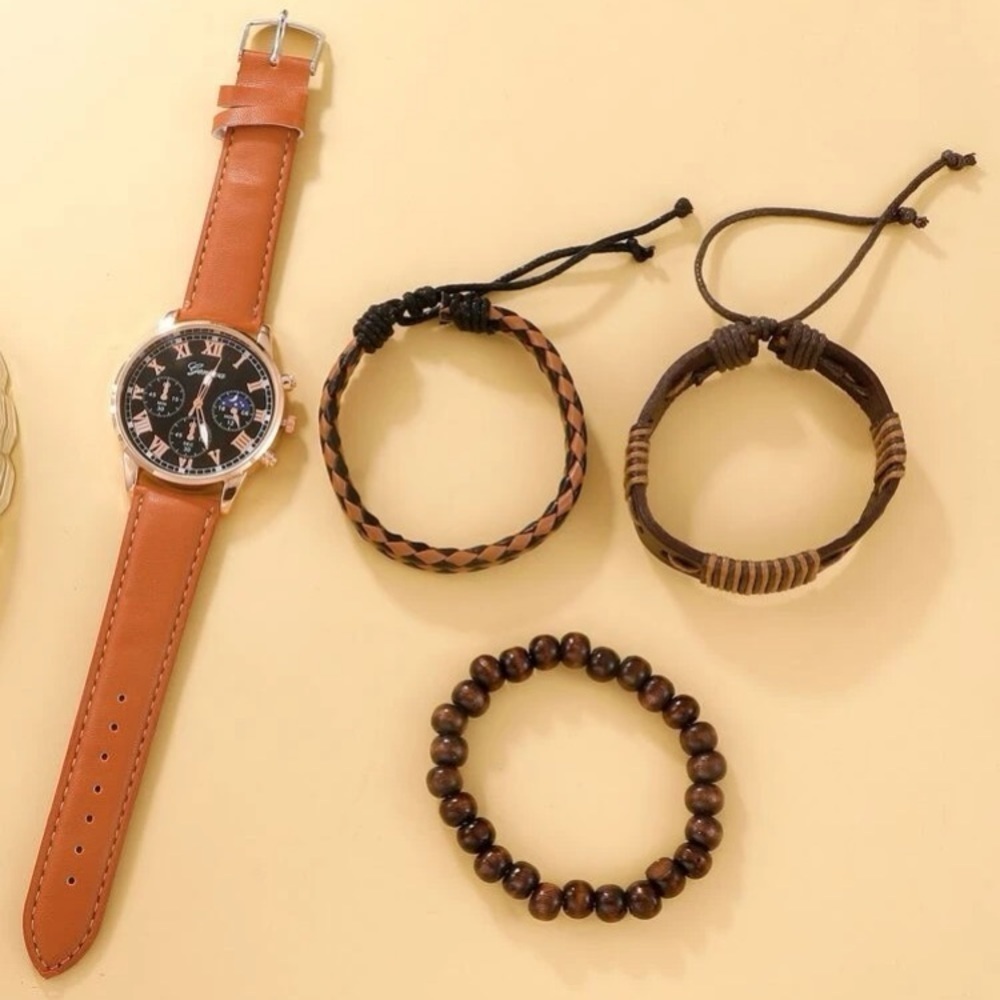 Men Round Pointer Quartz Watch & 3pcs Bracelet beautiful new brown